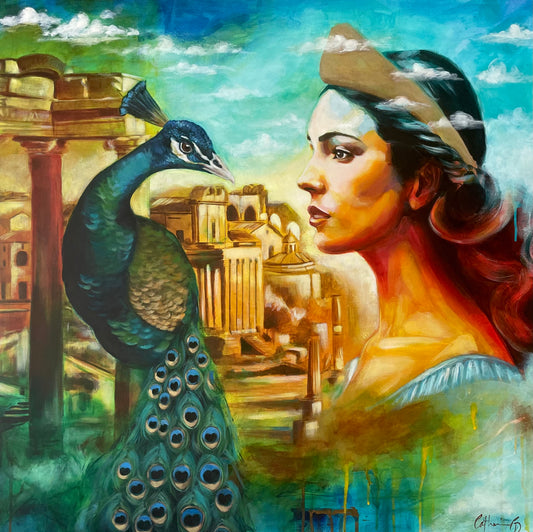 Le paon se plaignant à Junon | Techniques mixtes et huile 30"x30"