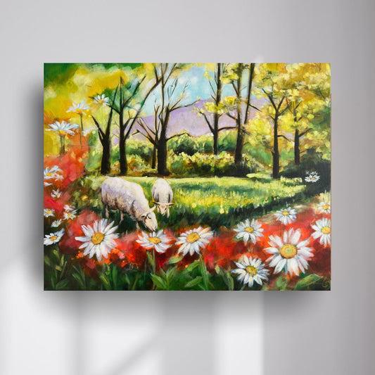 Prairie aux marguerites | Techniques mixtes et huile 16"x20"